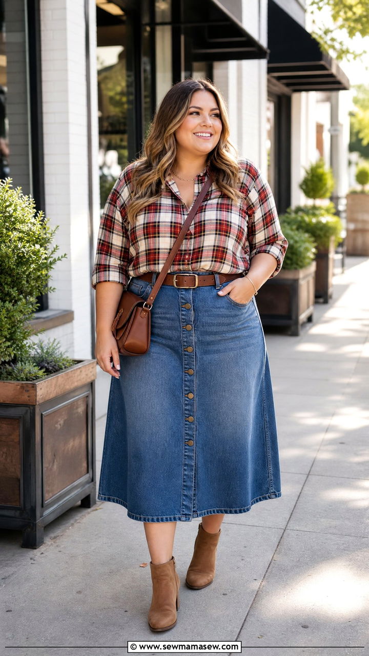 Plus Size Plaid Top With Denim Skirt - 20 plus size plaid top outfit ideas