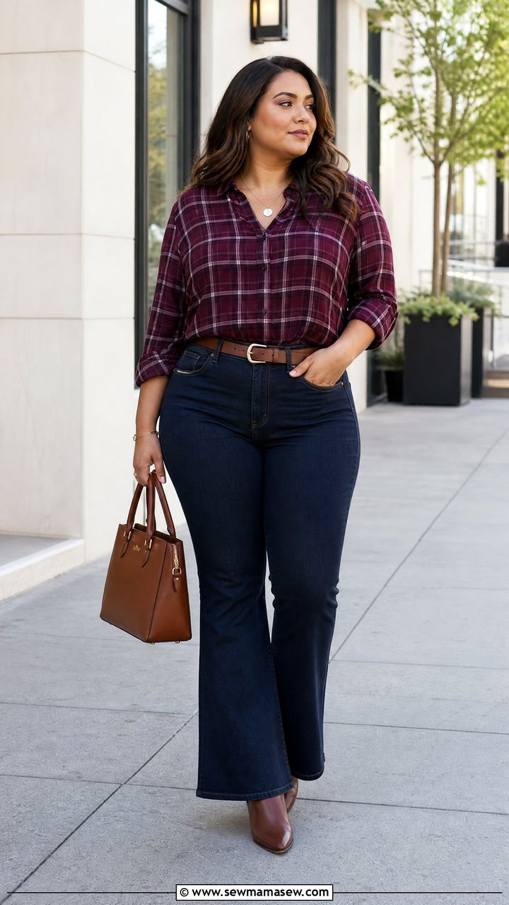 Plus Size Plaid Top With Flare Jeans - 20 plus size plaid top outfit ideas