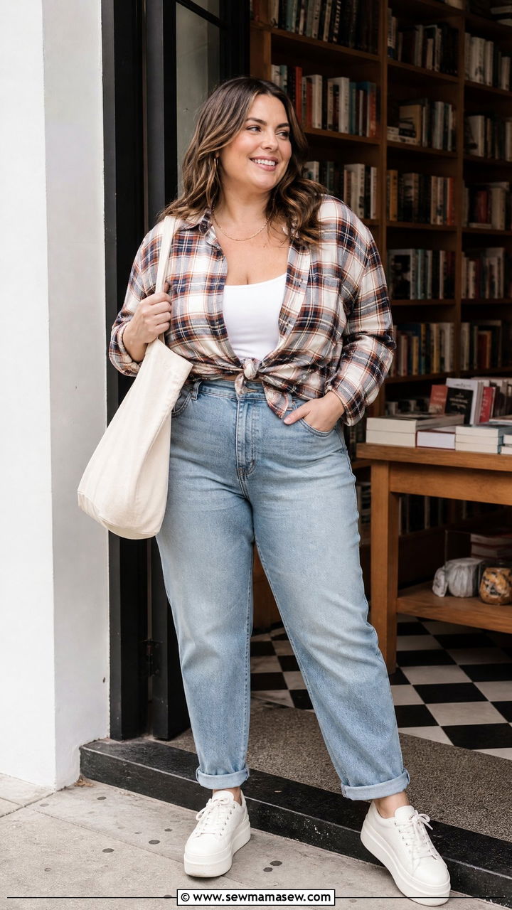 Plus Size Plaid Top With Mom Jeans - 20 plus size plaid top outfit ideas