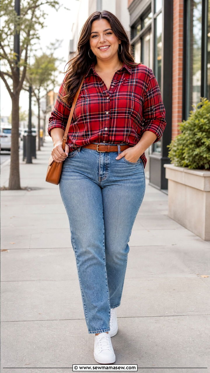Plus Size Plaid Top With Straight Leg Jeans - 20 plus size plaid top outfit ideas
