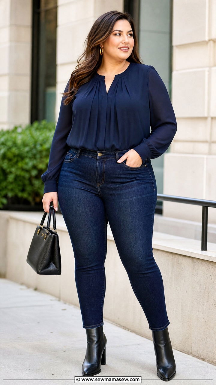Plus Size Pleated Front Top With Dark Jeans - 20 plus size tops to hide belly outfit ideas
