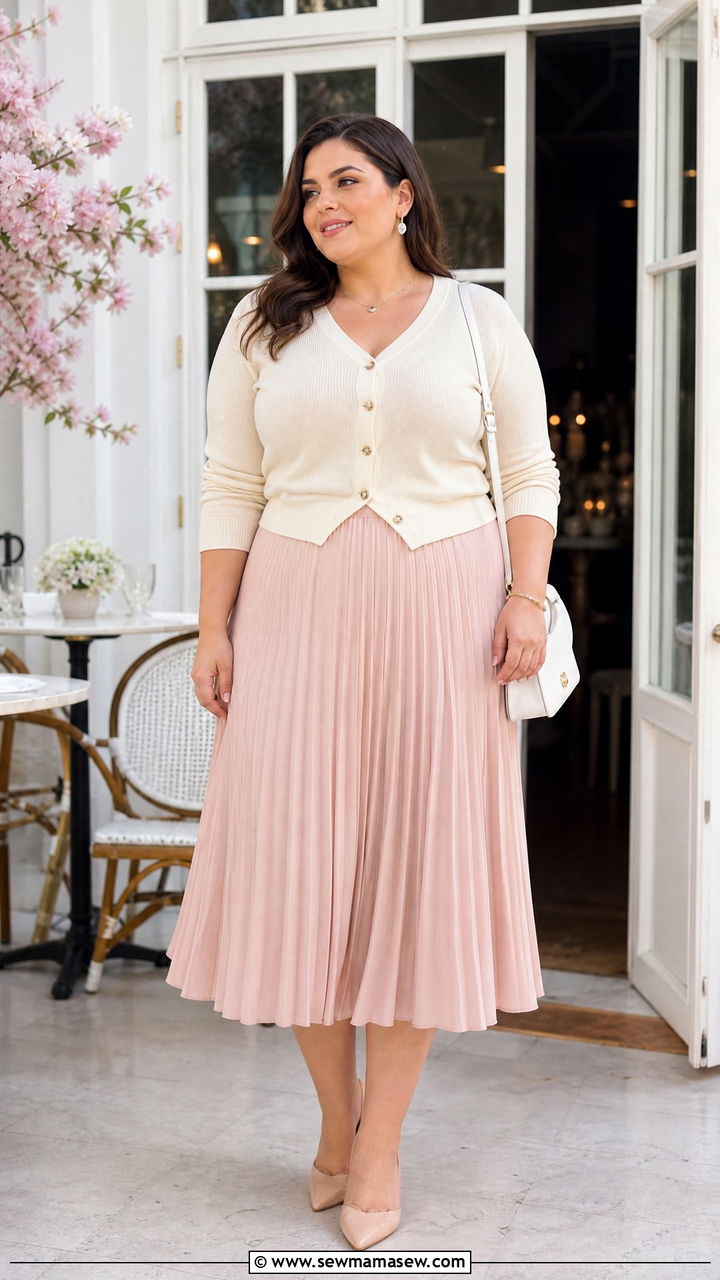 Plus Size Pleated Skirt And Cardigan Outfit - 20 plus size spring fashion outfit ideas