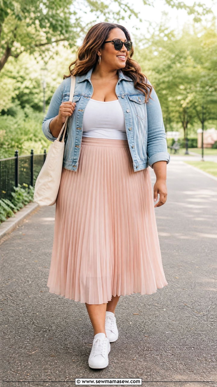 Plus Size Pleated Skirt With Denim Jacket - 20 plus size pleated skirt outfit ideas