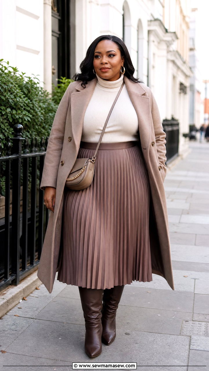 Plus Size Pleated Skirt With Fitted Turtleneck - 20 plus size pleated skirt outfit ideas