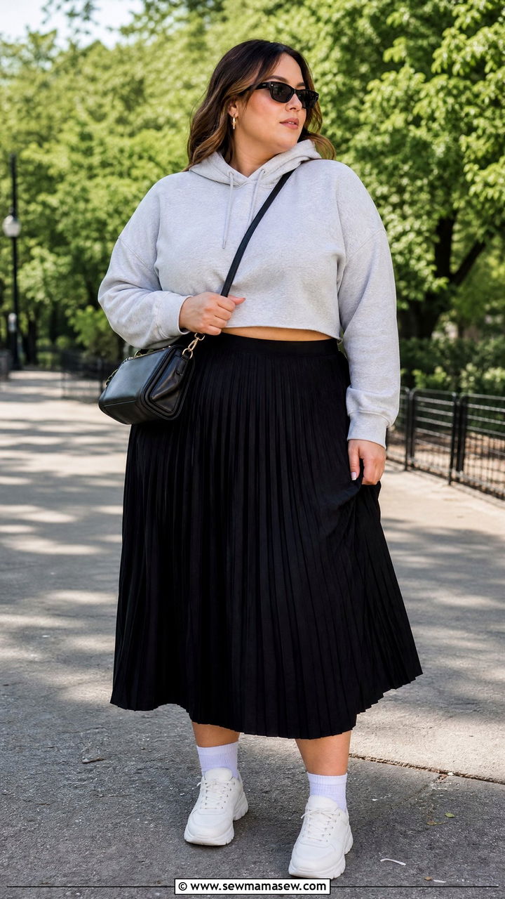Plus Size Pleated Skirt With Hoodie - 20 plus size pleated skirt outfit ideas