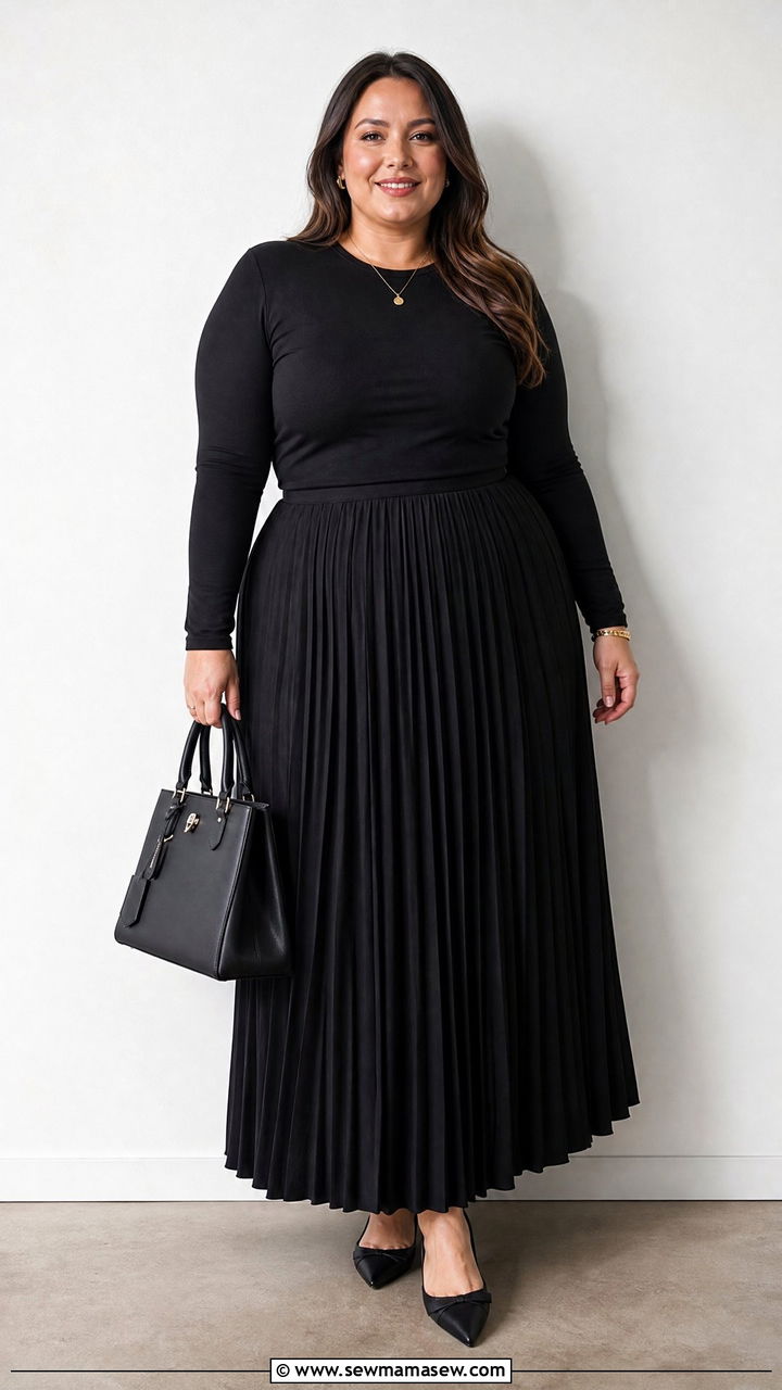 Plus Size Pleated Skirt With Monochrome Top - 20 plus size pleated skirt outfit ideas
