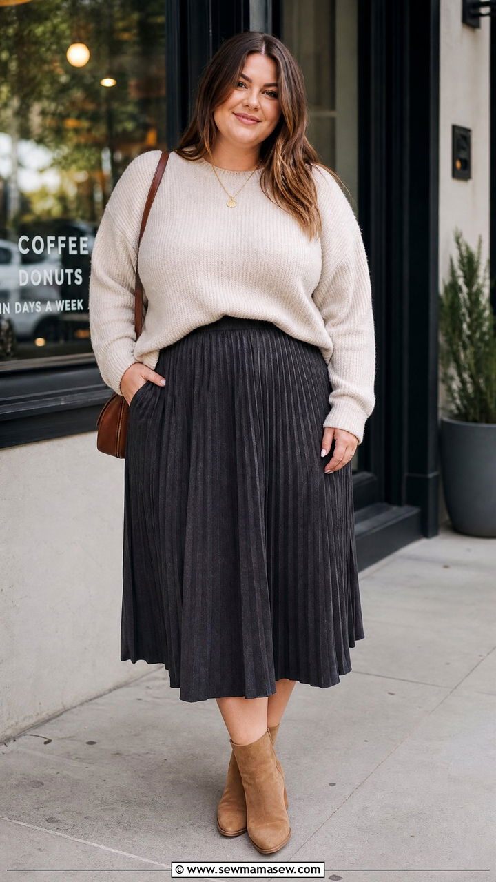 Plus Size Pleated Skirt With Sweater - 20 plus size pleated skirt outfit ideas