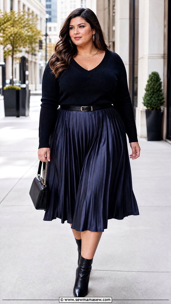 Plus Size Pleated Skirt With V Neck Sweater Outfit - 20 plus size outfits for broad shoulders