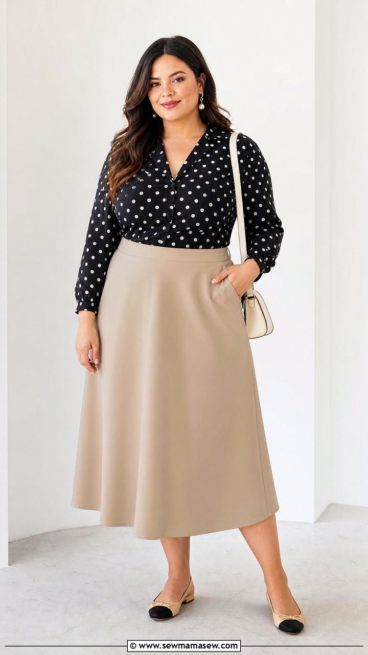 Plus Size Polka Dot Blouse With Midi Skirt - 20 plus size printed blouse outfit ideas