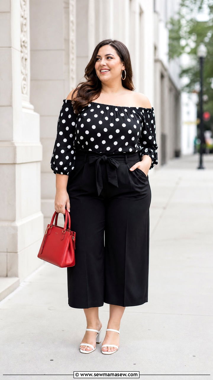 Plus Size Polka Dot Off Shoulder Top With Black Pants - 20 plus size summer off shoulder top outfit ideas