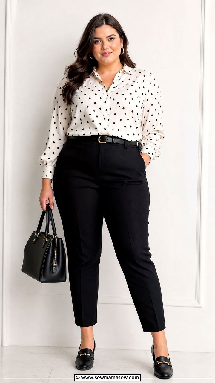 Plus Size Polka Dot Top With Black Pants - 20 plus size polka dot top outfit ideas
