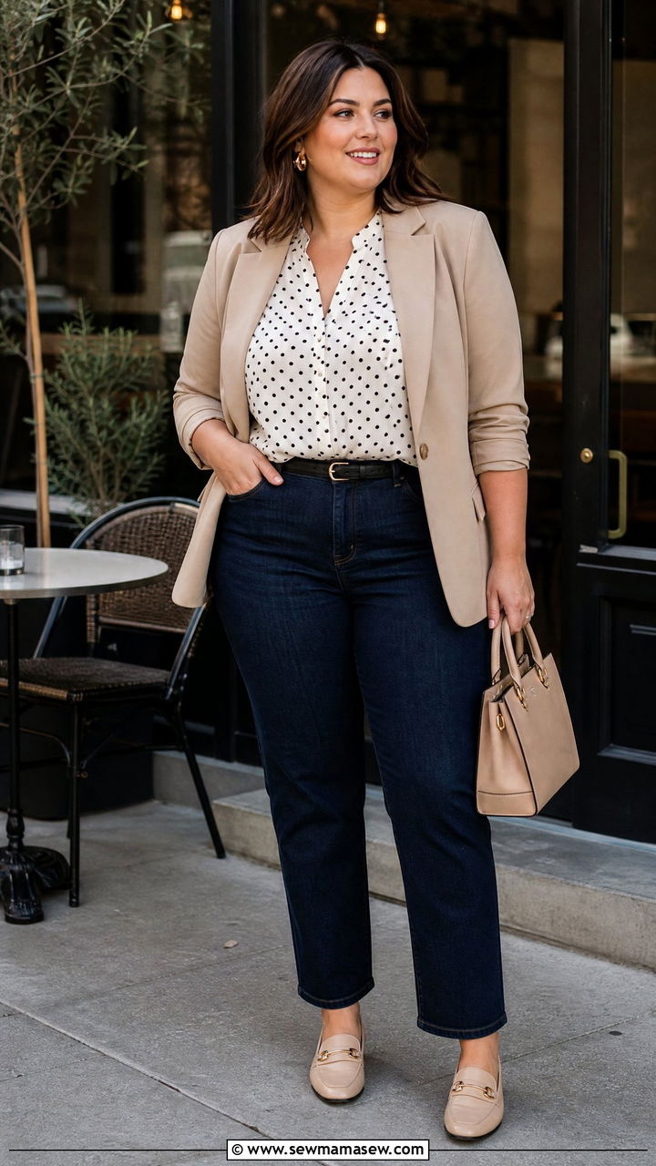 Plus Size Polka Dot Top With Blazer And Jeans - 20 plus size polka dot top outfit ideas
