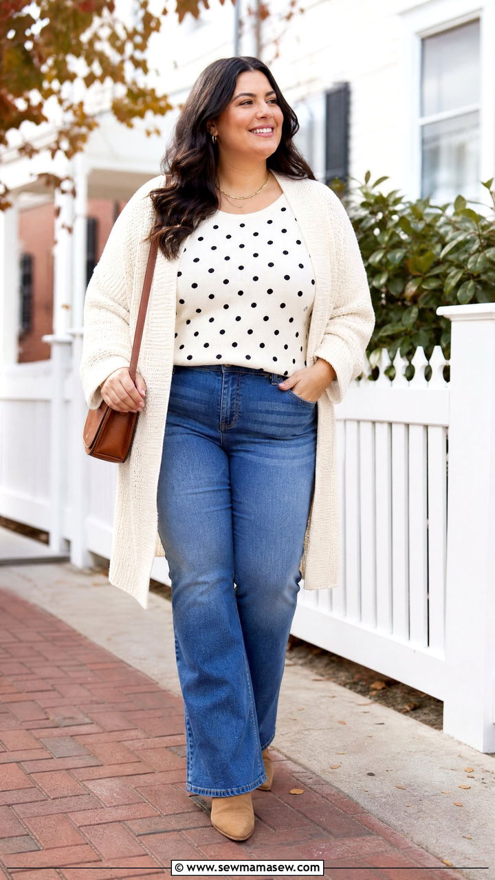 Plus Size Polka Dot Top With Cardigan And Jeans - 20 plus size polka dot top outfit ideas