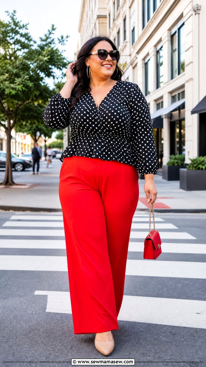 Plus Size Polka Dot Top With Colored Pants - 20 plus size polka dot top outfit ideas