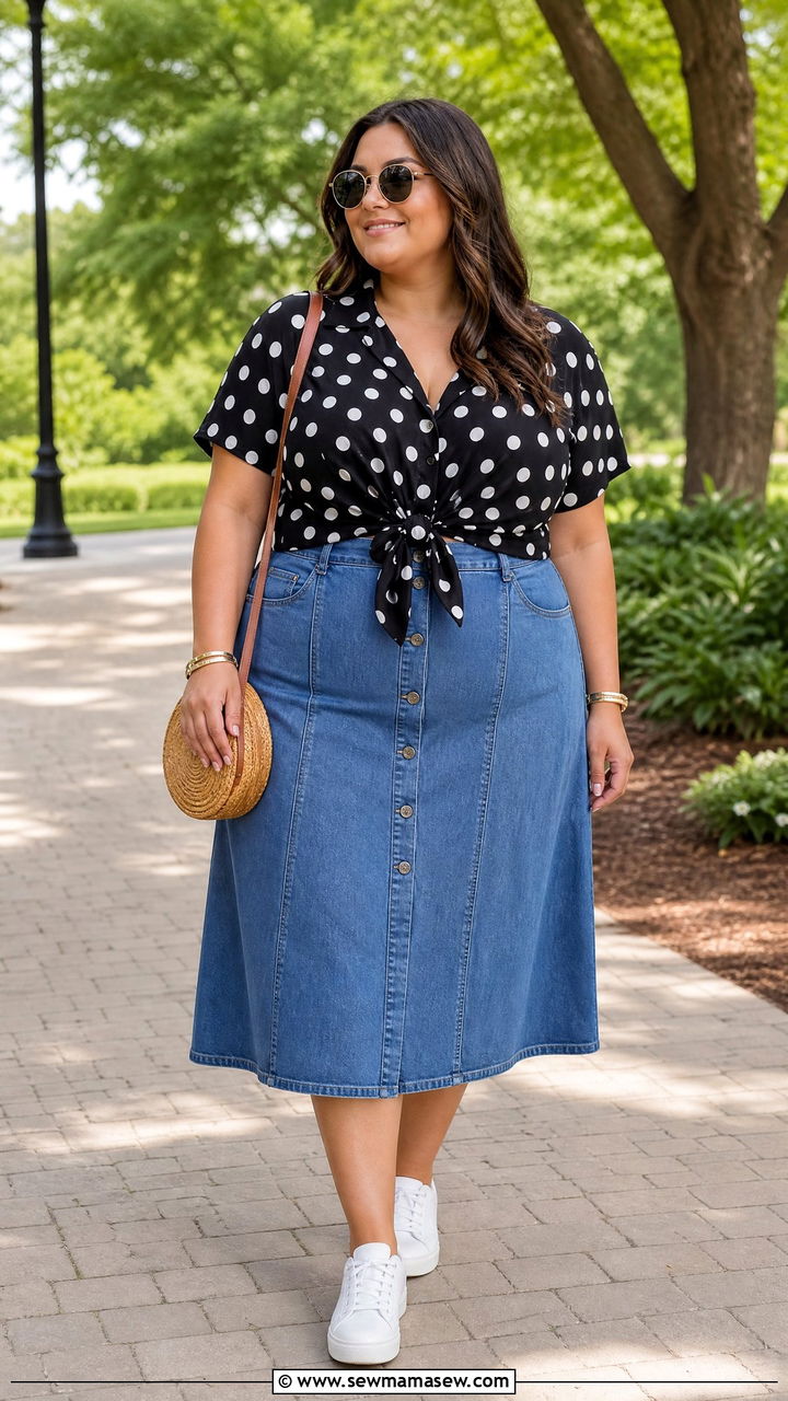 Plus Size Polka Dot Top With Denim Skirt - 20 plus size polka dot top outfit ideas