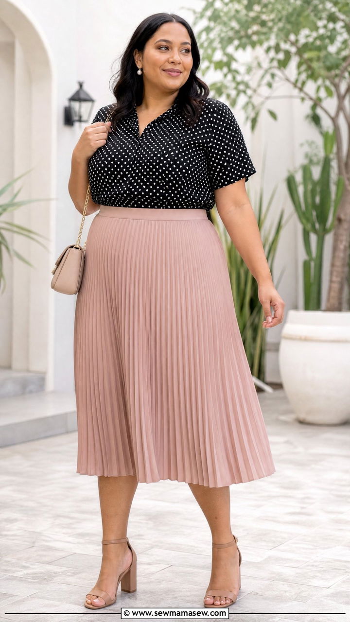 Plus Size Polka Dot Top With Pleated Midi Skirt - 20 plus size polka dot top outfit ideas