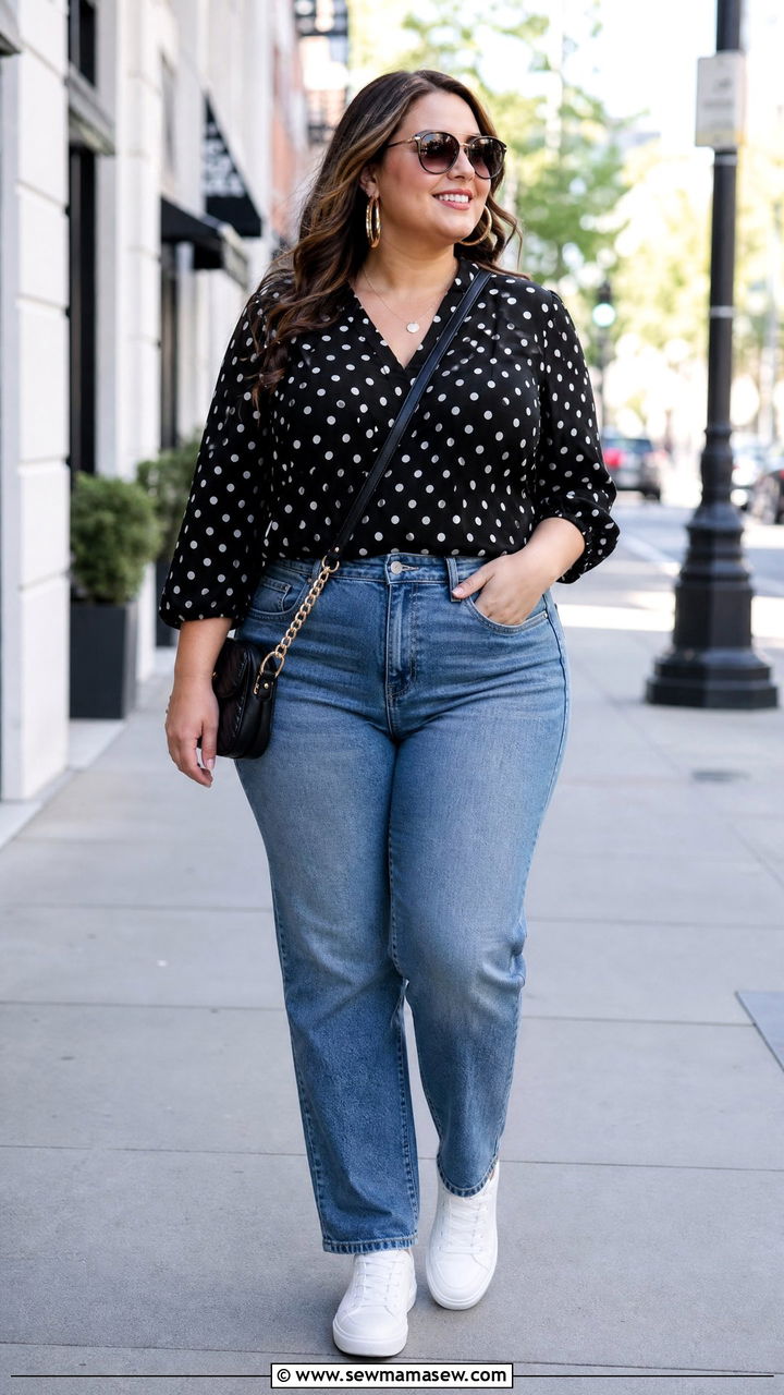 Plus Size Polka Dot Top With Straight Leg Jeans - 20 plus size polka dot top outfit ideas