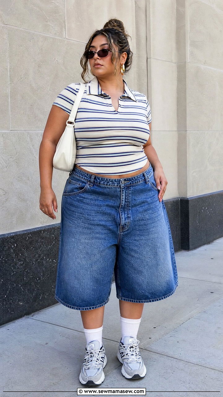 Plus Size Polo Top And Baggy Shorts Outfit - 20 plus size y2k top outfit ideas