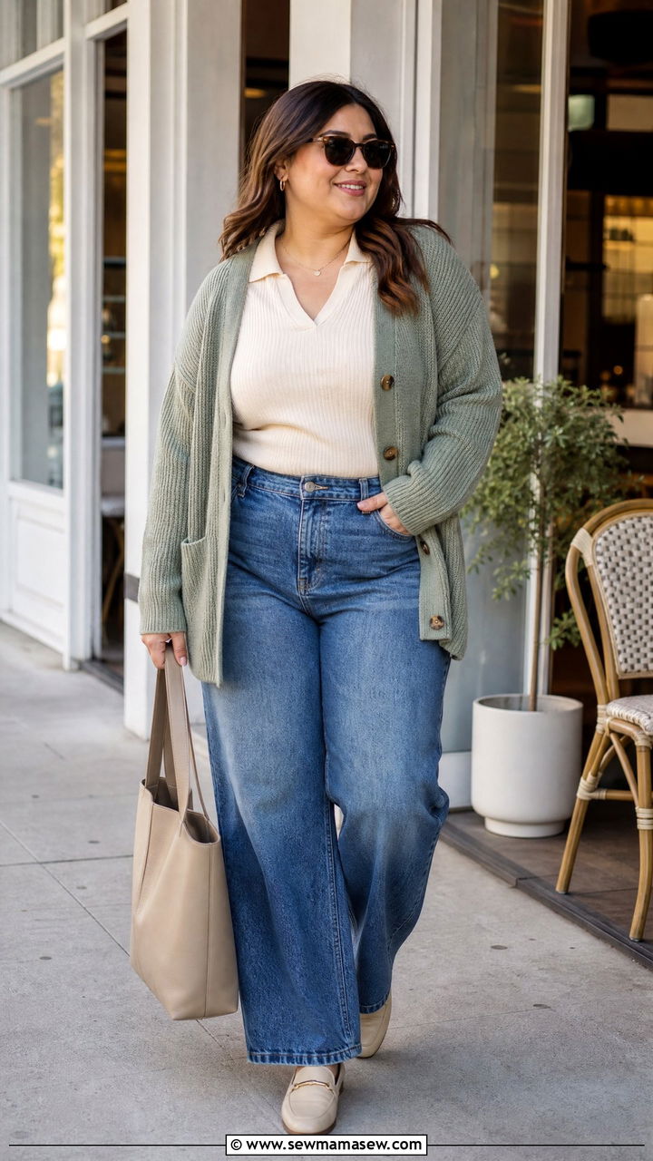 Plus Size Polo Top With Cardigan And Jeans - 20 plus size polo top outfit ideas