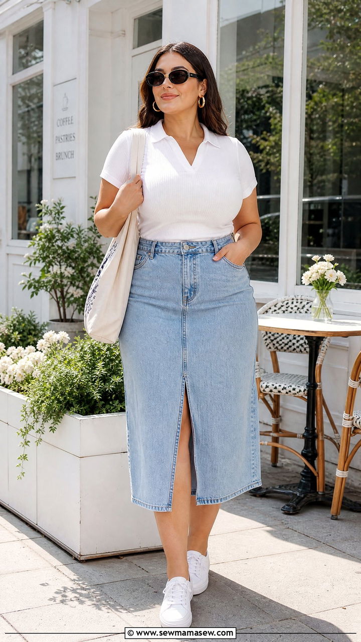 Plus Size Polo Top With Denim Skirt - 20 plus size polo top outfit ideas