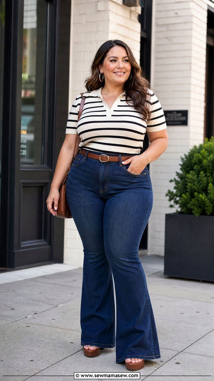 Plus Size Polo Top With Flared Jeans - 20 plus size polo top outfit ideas