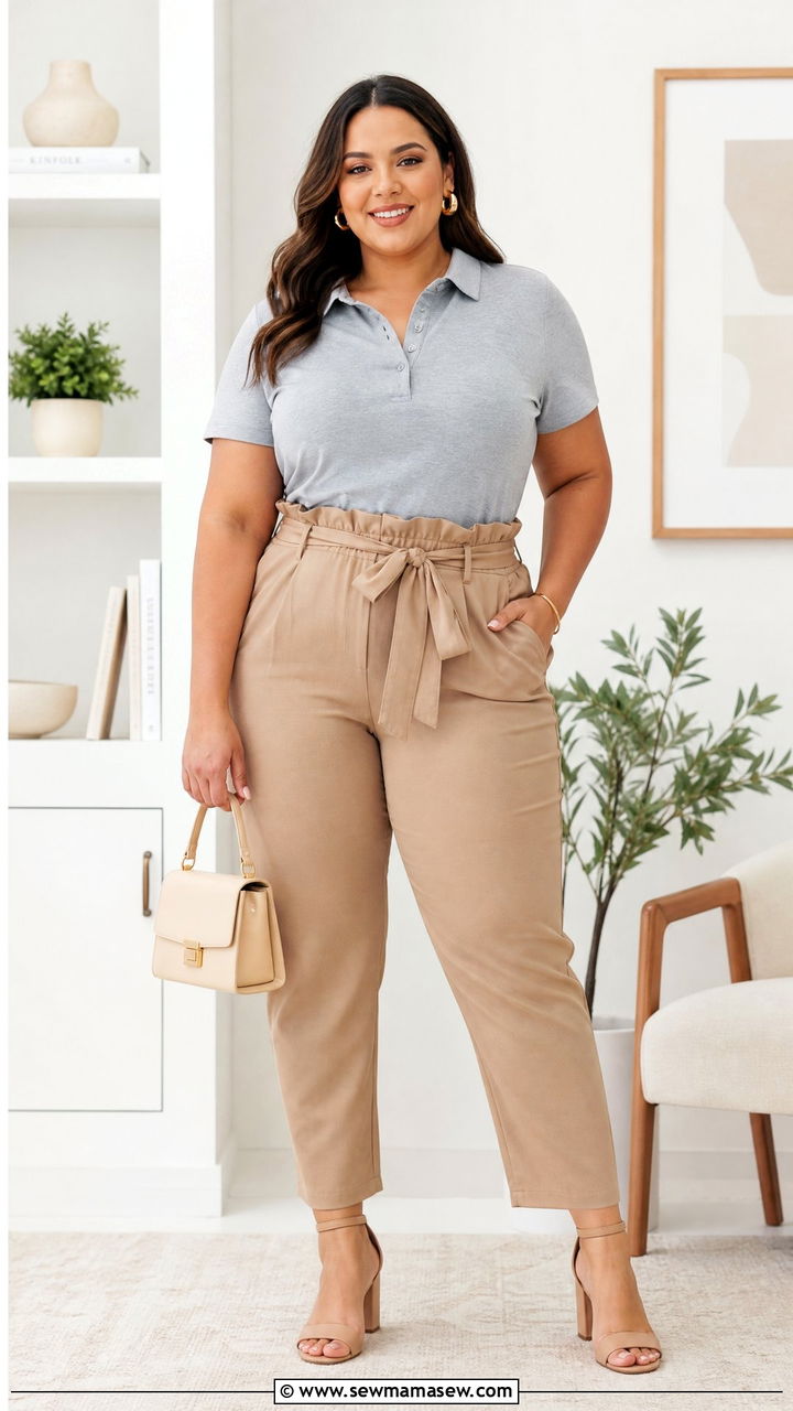 Plus Size Polo Top With Paperbag Pants - 20 plus size polo top outfit ideas