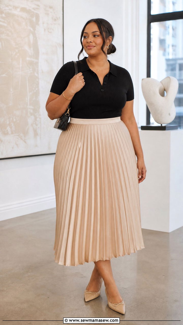 Plus Size Polo Top With Pleated Midi Skirt - 20 plus size polo top outfit ideas