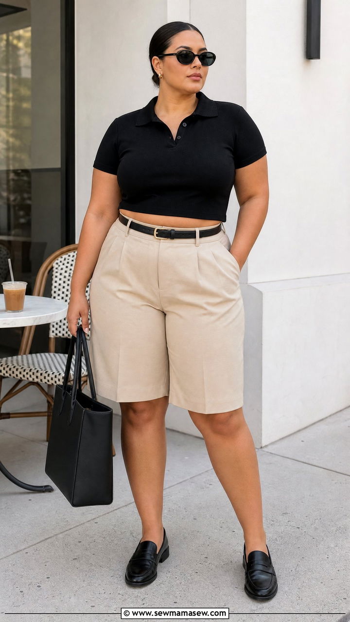 Plus Size Polo Top With Trouser Shorts - 20 plus size polo top outfit ideas