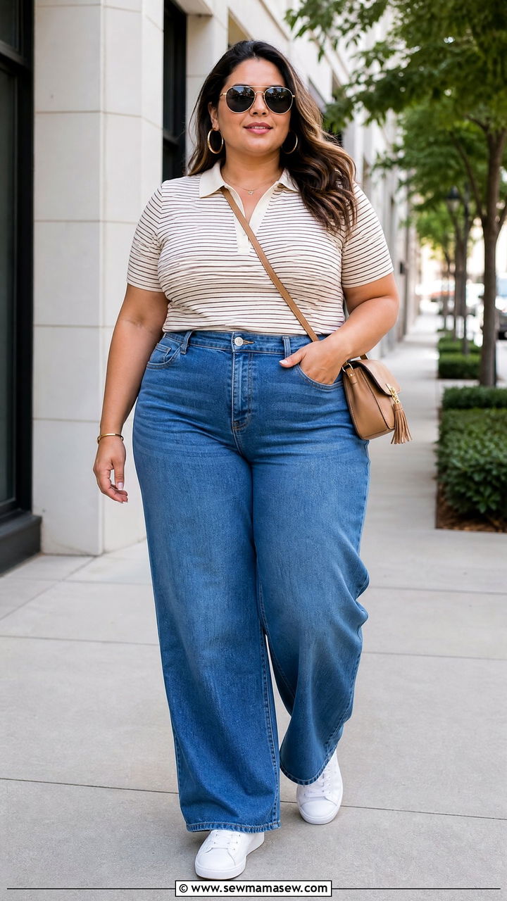 Plus Size Polo Top With Wide Leg Jeans - 20 plus size polo top outfit ideas
