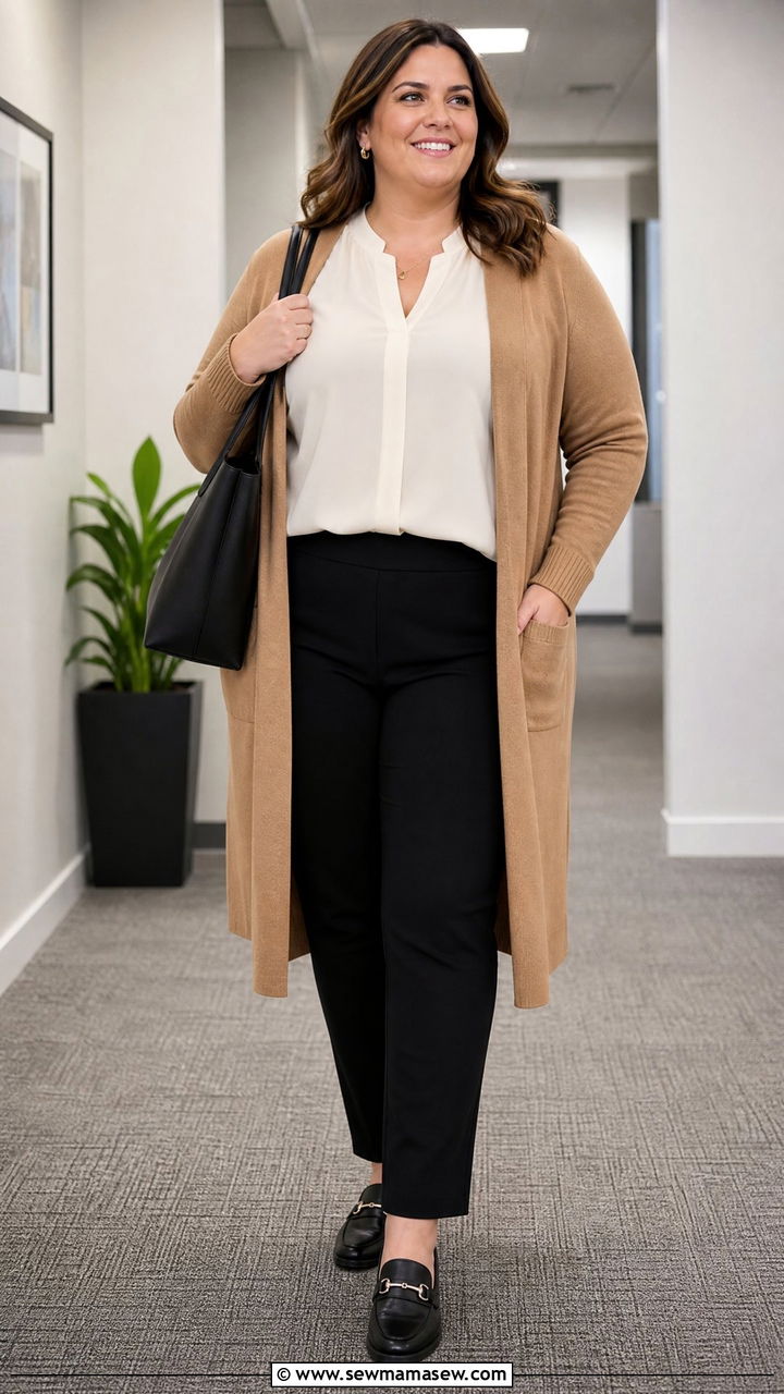 Plus Size Ponte Pants And Long Cardigan Outfit - 20 plus size outfits for work moms