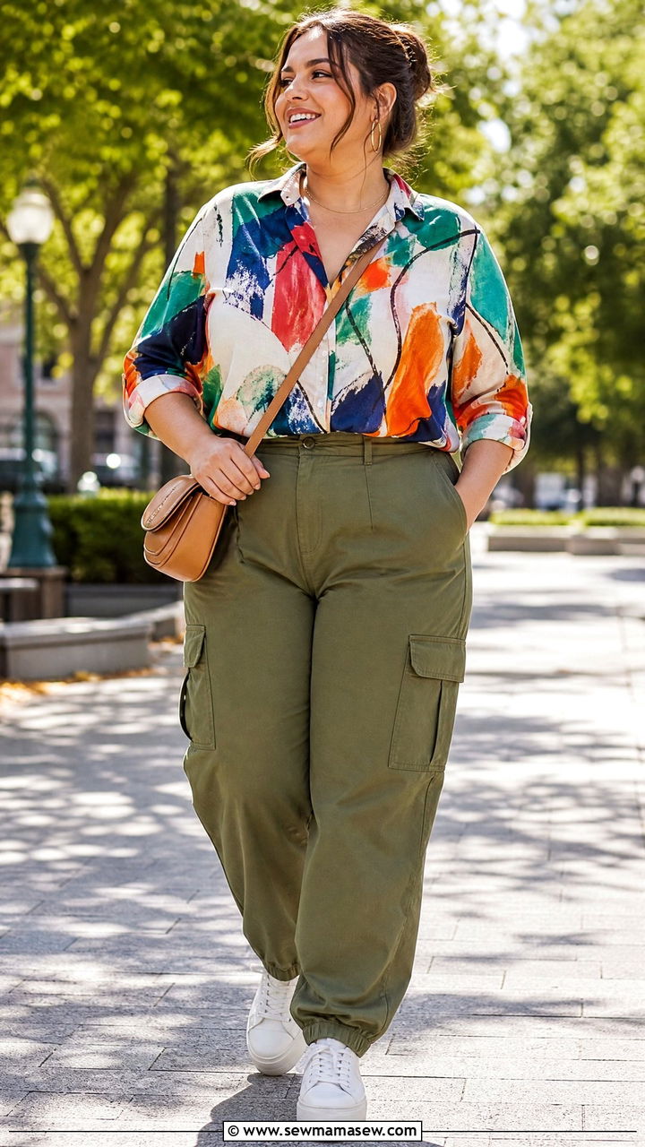 Plus Size Printed Blouse With Cargo Pants - 20 plus size blouse outfit ideas