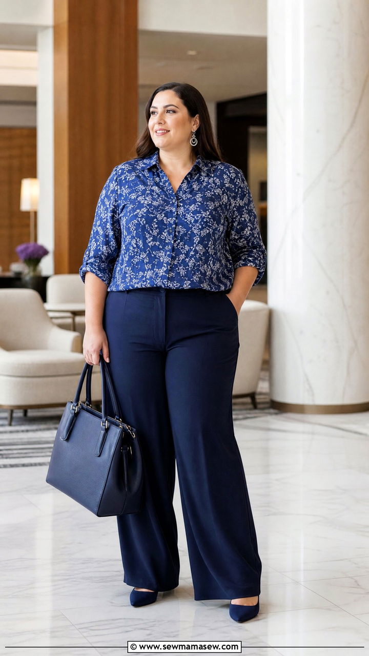 Plus Size Printed Blouse With Monochrome Outfit - 20 plus size printed blouse outfit ideas