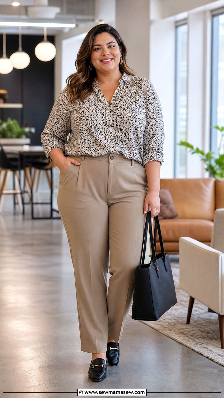 Plus Size Printed Blouse With Neutral Pants - 20 plus size work blouse outfit ideas