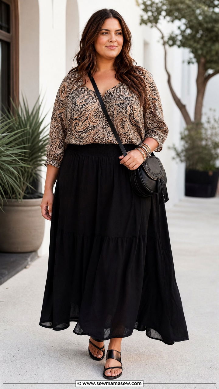 Plus Size Printed Boho Top With Black Maxi Skirt - 20 plus size boho top outfit ideas