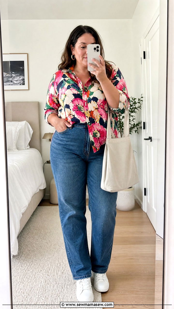 Plus Size Printed Button Down Blouse With Jeans - 20 plus size printed blouse outfit ideas