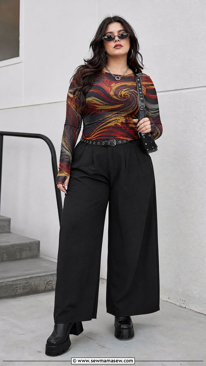 Plus Size Printed Long Sleeve Top And Wide Leg Pants Outfit - 20 plus size y2k top outfit ideas