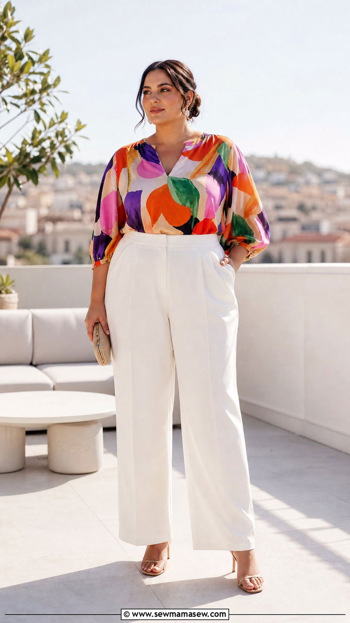 Plus Size Printed Party Top With White Pants - 20 plus size party top outfit ideas
