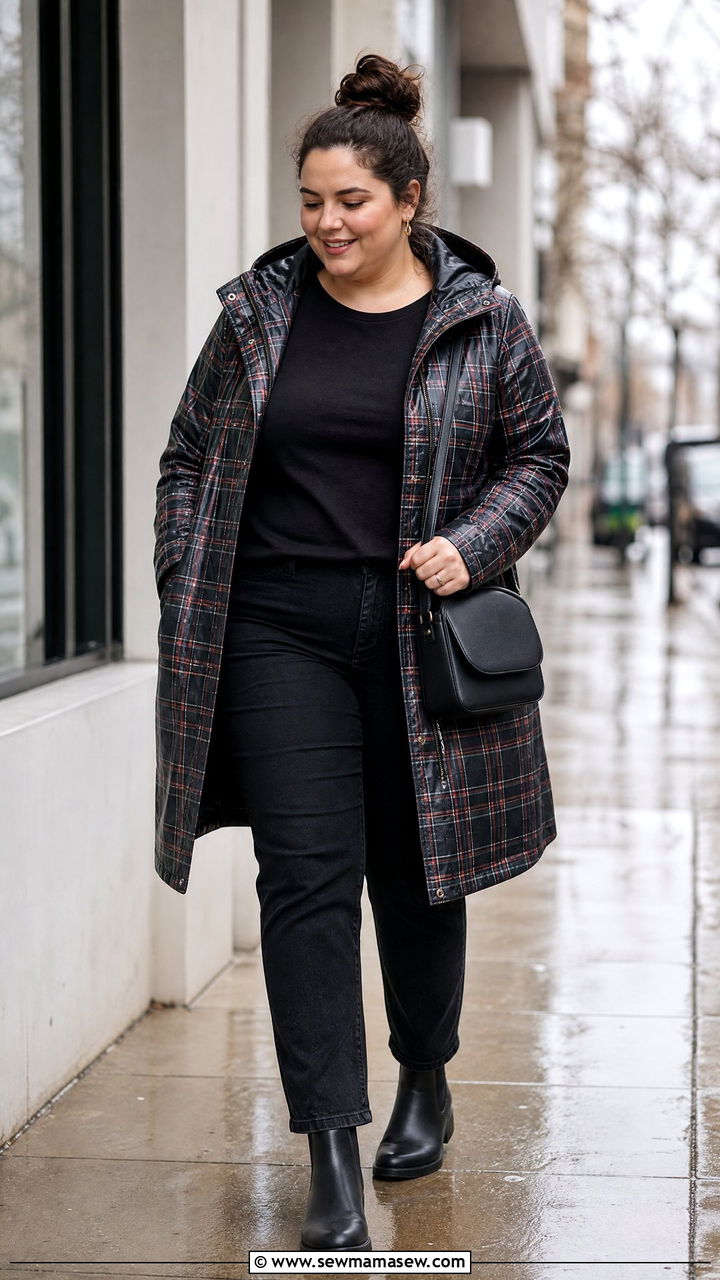 Plus Size Printed Raincoat With Simple Outfit - 20 plus size raincoat outfit ideas