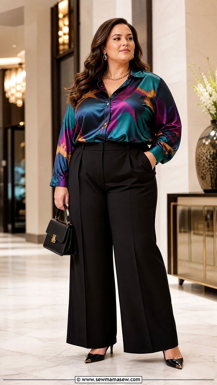 Plus Size Printed Satin Blouse With Wide Leg Trousers - 20 plus size printed blouse outfit ideas