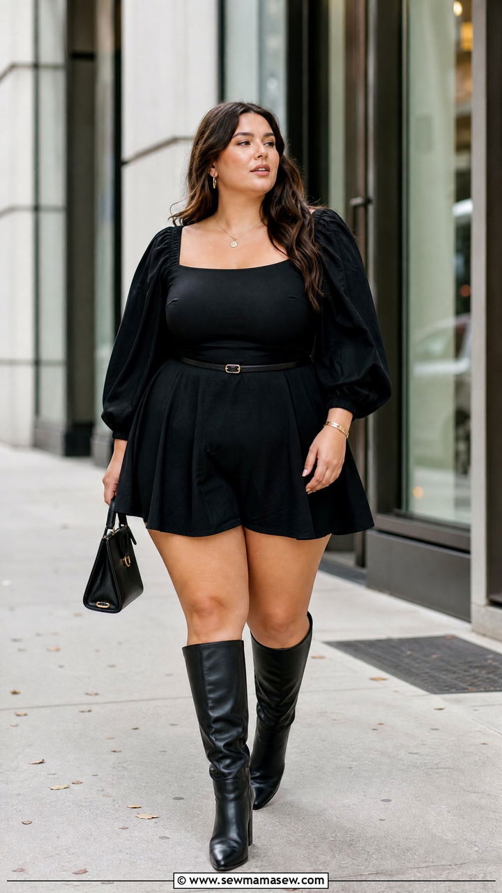 Plus Size Puff Sleeve Black Dress With Knee High Boots - 20 plus size puff sleeve dress outfit ideas