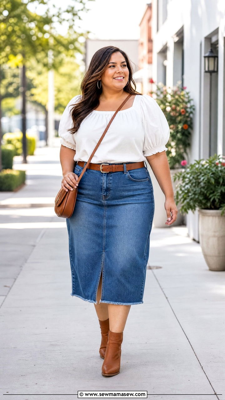 Plus Size Puff Sleeve Blouse With A Denim Skirt - 20 plus size puff sleeve blouse outfit ideas