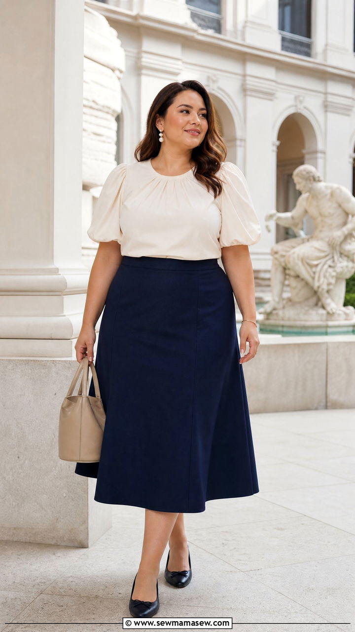 Plus Size Puff Sleeve Blouse With A Line Skirt - 20 plus size blouse outfit ideas