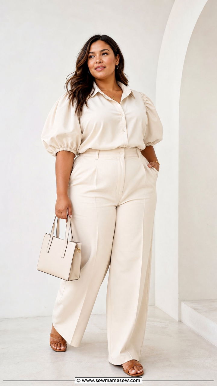 Plus Size Puff Sleeve Blouse With A Matching Set - 20 plus size puff sleeve blouse outfit ideas