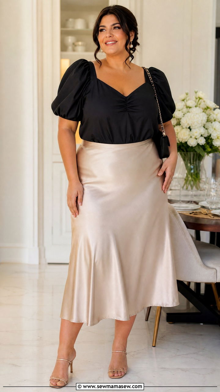 Plus Size Puff Sleeve Blouse With A Satin Skirt - 20 plus size puff sleeve blouse outfit ideas