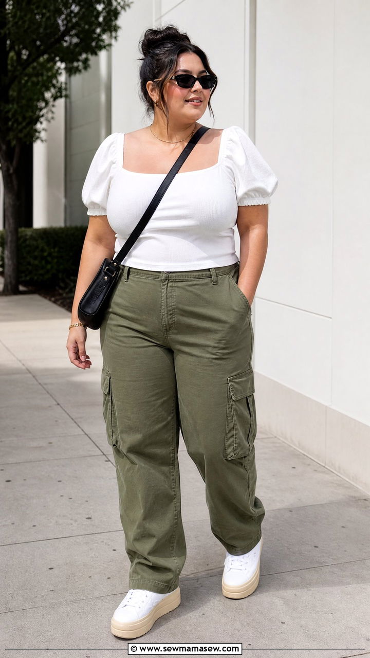 Plus Size Puff Sleeve Blouse With Cargo Pants - 20 plus size puff sleeve blouse outfit ideas