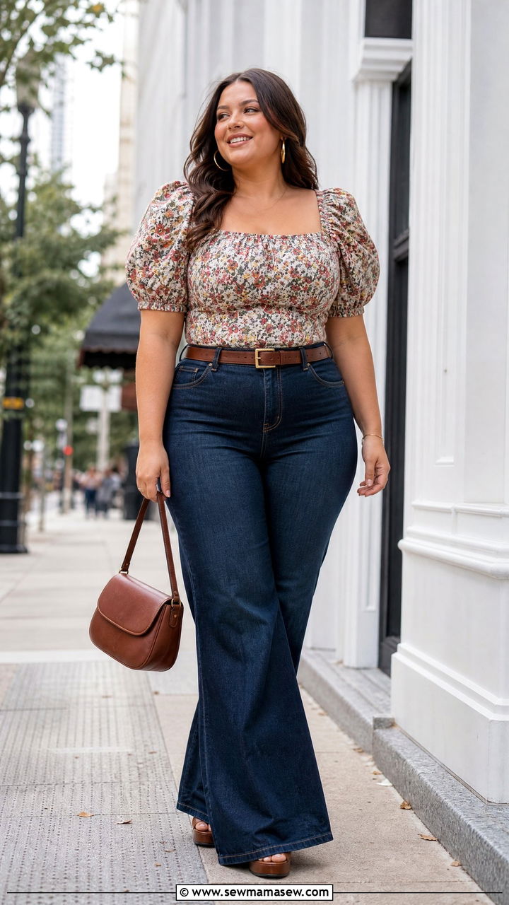 Plus Size Puff Sleeve Blouse With Flare Jeans - 20 plus size puff sleeve blouse outfit ideas