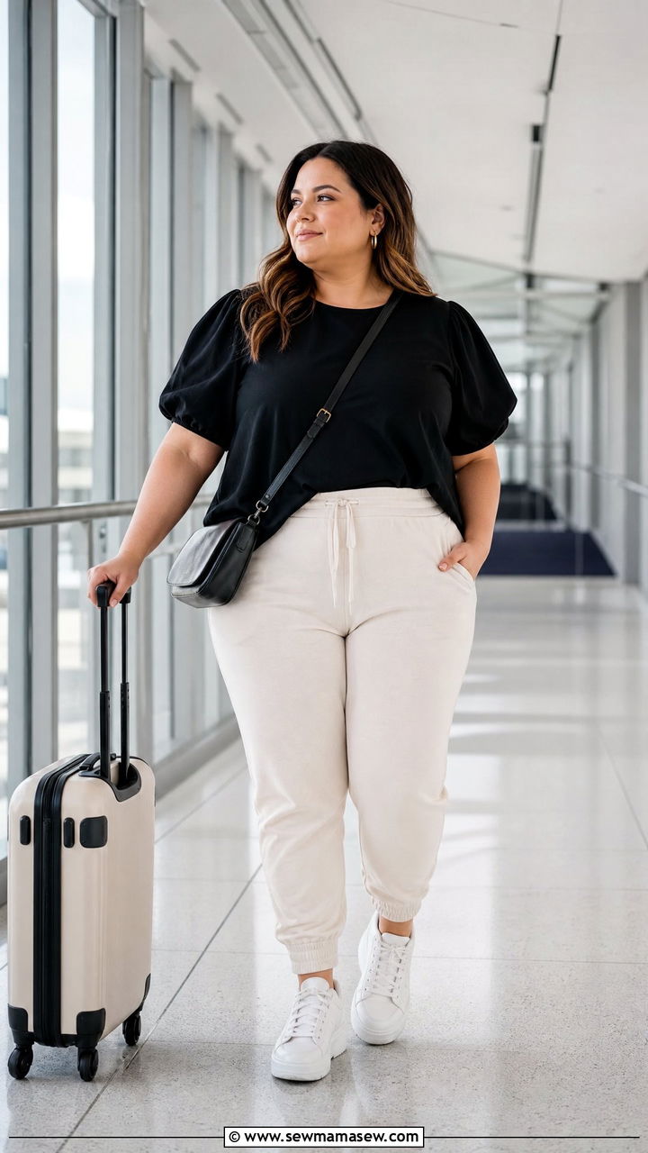 Plus Size Puff Sleeve Blouse With Joggers - 20 plus size puff sleeve blouse outfit ideas
