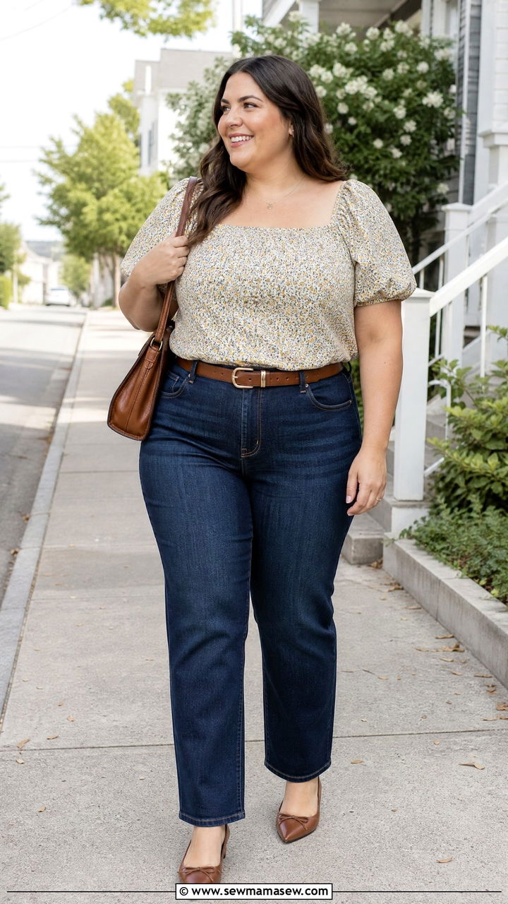 Plus Size Puff Sleeve Blouse With Straight Leg Jeans - 20 plus size puff sleeve blouse outfit ideas