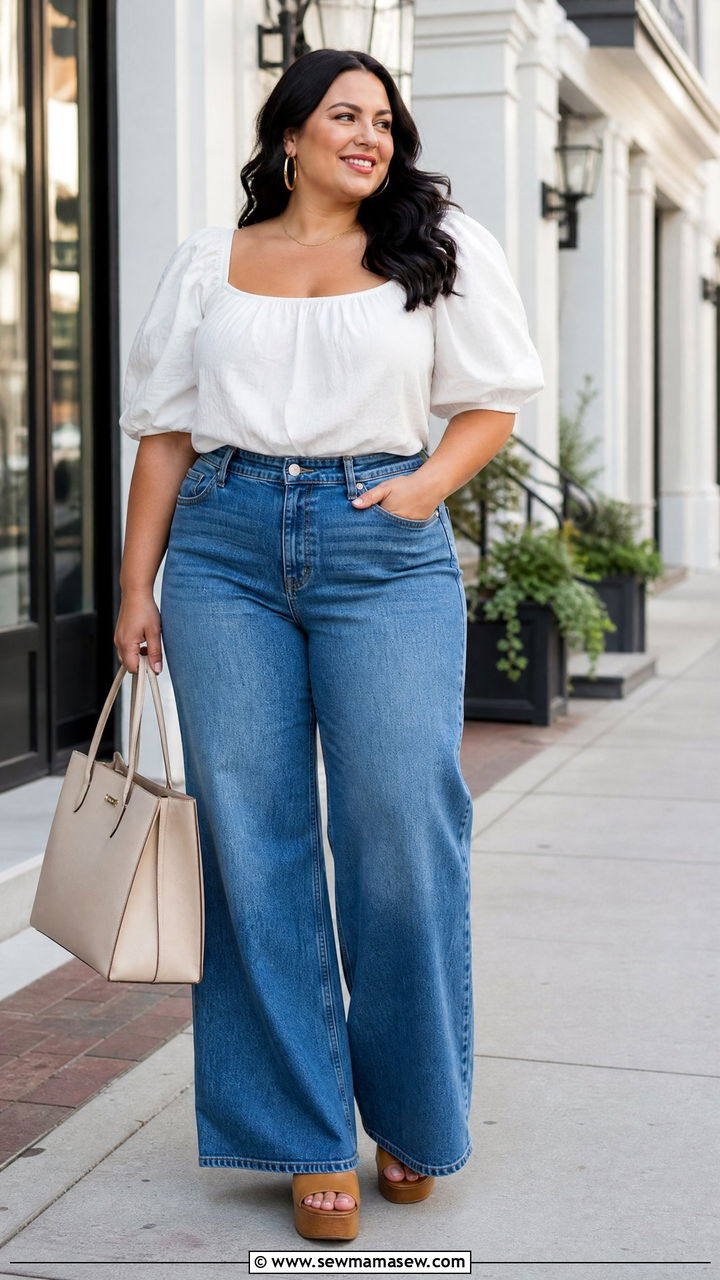 Plus Size Puff Sleeve Blouse With Wide Leg Jeans - 20 plus size puff sleeve blouse outfit ideas
