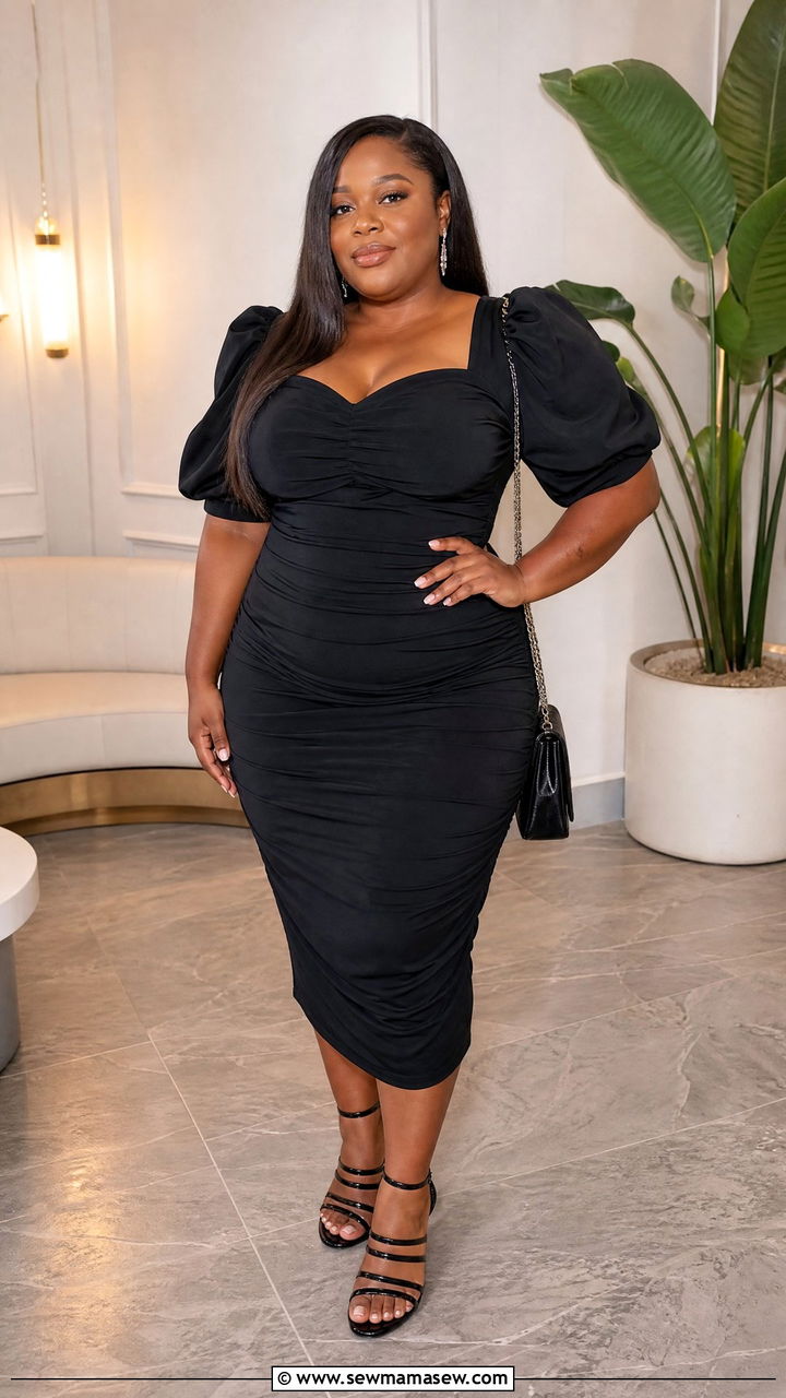 Plus Size Puff Sleeve Bodycon Dress With Strappy Heels - 20 plus size puff sleeve dress outfit ideas